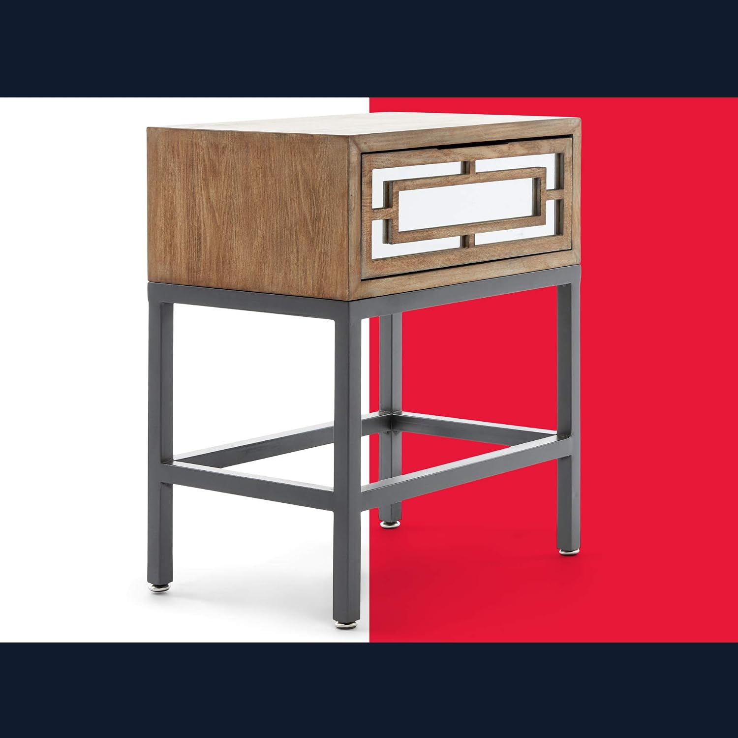 Tommy Hilfiger Hayworth Side Table, Mirrored Storage Drawer with Wood Overlay, Wooden Frame, Metal Base, Ideal in Small Spaces, EndTable, BedsideTable, Nightstand for Living Room or Bedroom, Ash Gray