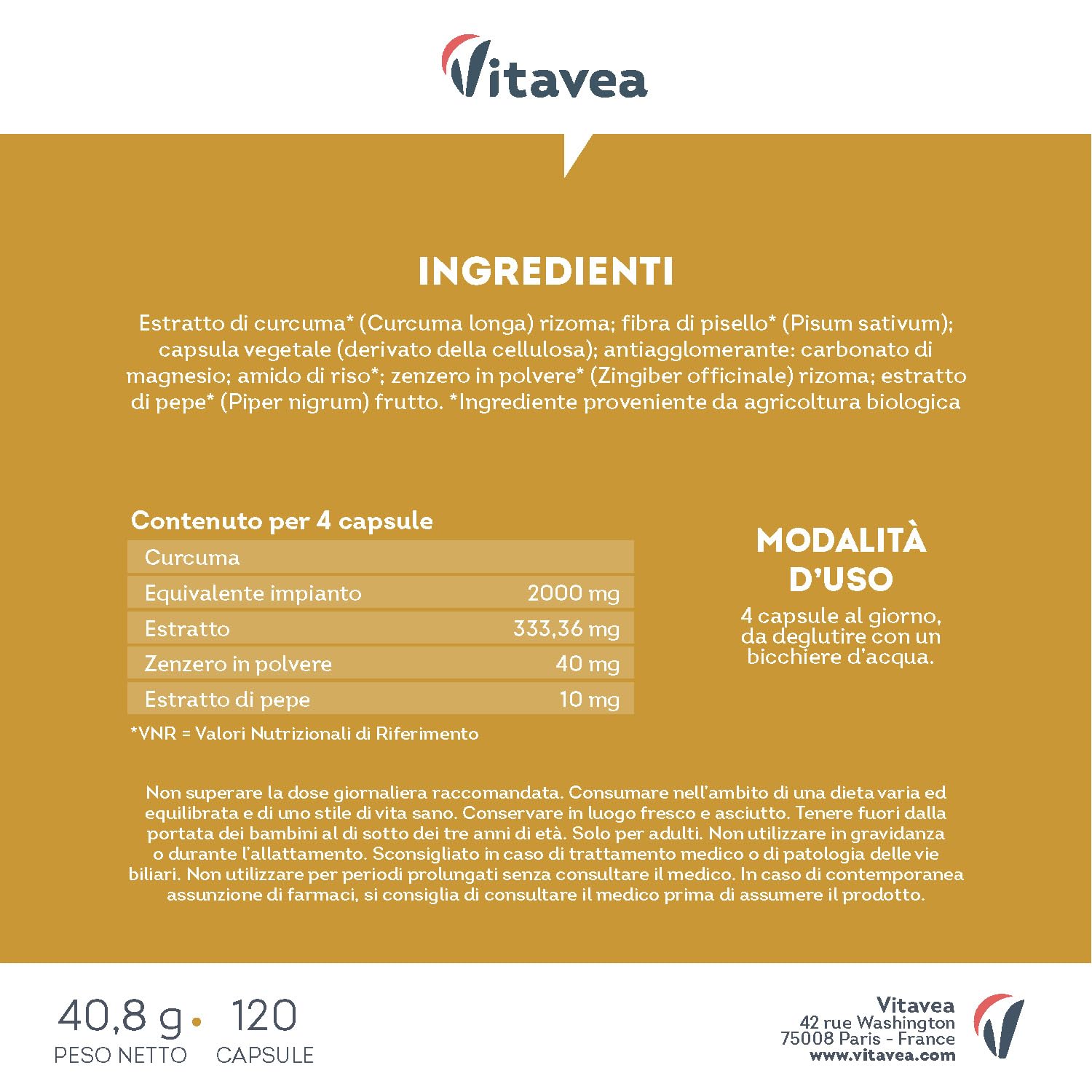 Curcuma Bio 2000 mg con Zenzero e Pepe Nero- Alta concentrazione- 120 Capsule Vegane - Integratore di Curcumina Antiossidante Naturale per Articolazioni, Digestione e Fegato - Vitavea