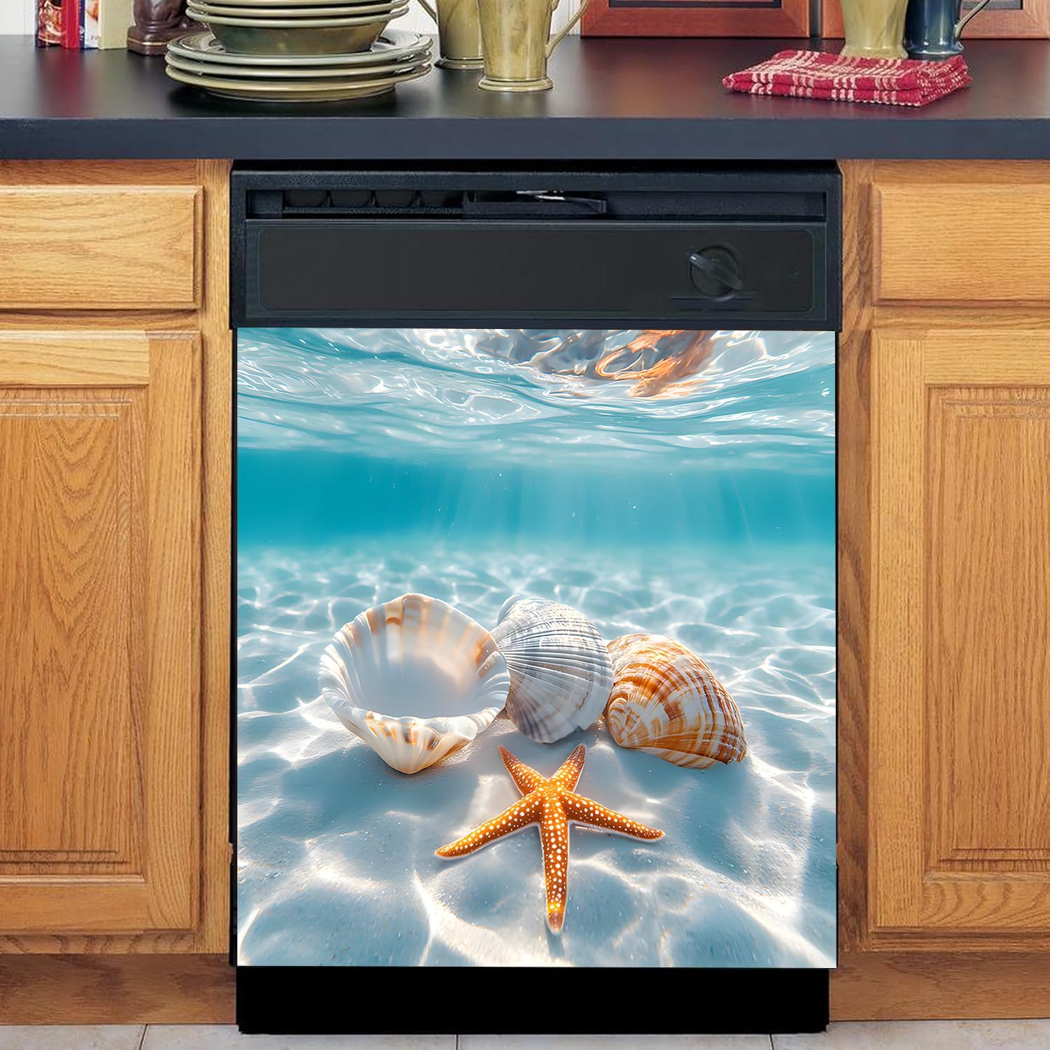 BVBOX Dishwasher Magnet Cover 23" W x26 H, Reusable Magnetic Refrigerator Covers, Dishwasher Magnets Decorative Cover Fridge Door Skin Panel Stickers for Home Kitchen Appliance (Starfish Shell)