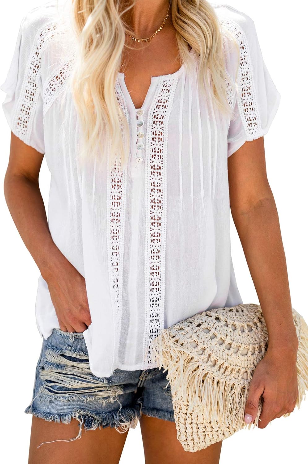 Dokotoo Women’s V Neck Lace Crochet Eyelet Tops Short Sleeve Casual Shirts Blouses