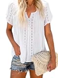 Women's V Neck Lace Crochet Eyelet Tops Short Sleeve Casual Shirts Blouses