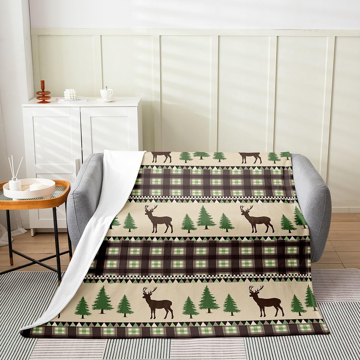 Castle Fairy Deer Pine Tree Fleece Blanket,Green Brown Plaid Stripe Throw Blanket for Kids,Rustic Farmhouse Christmas Xmas Lightweight Blanket for Sofa, Queen (90 x 90 Inch)