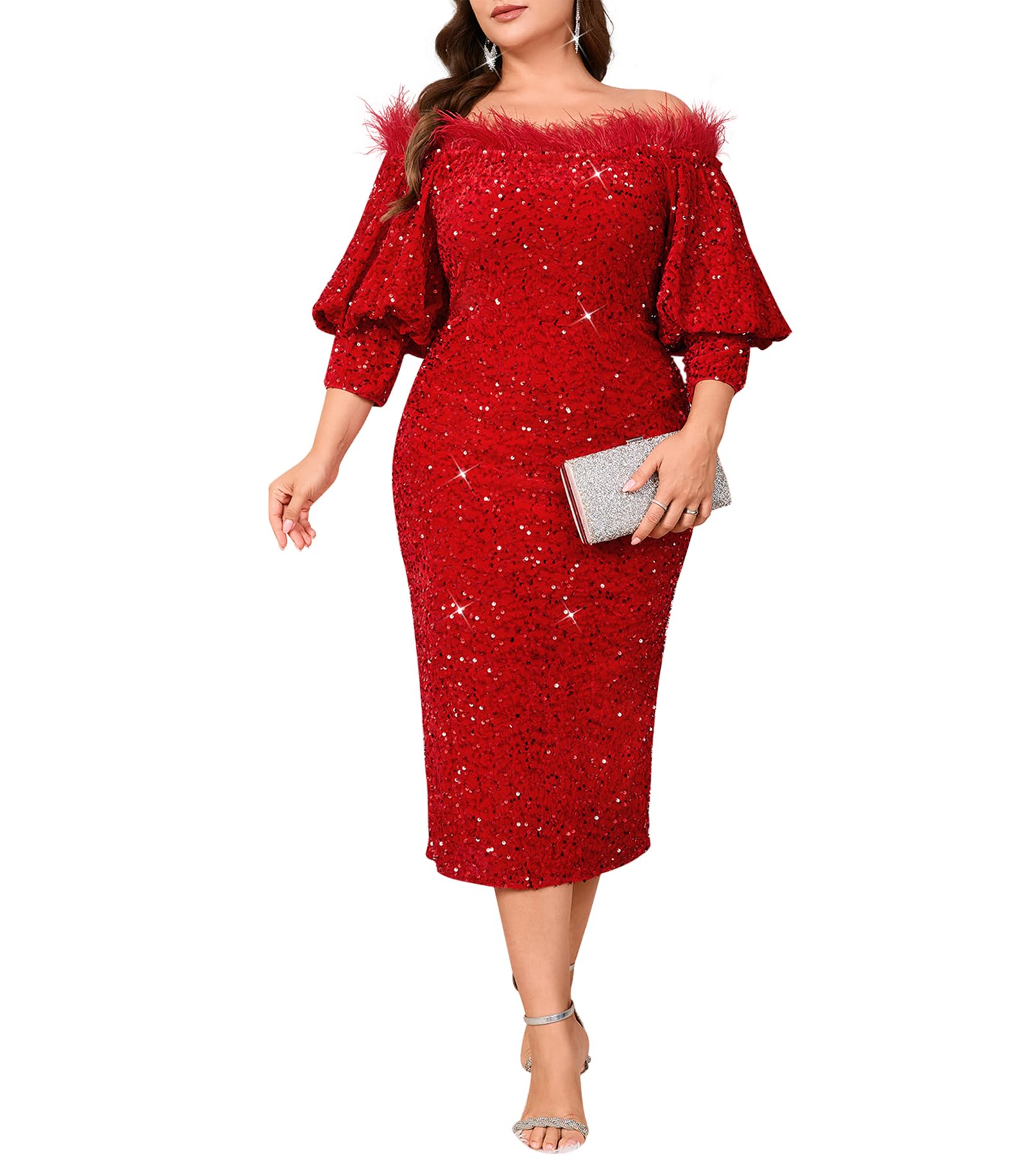 dasmzper Women Sexy Sequin Off The Shoulder Puff 3/4 Sleeve Bodycon Dress Formal Party Cocktail Evening Midi Dress