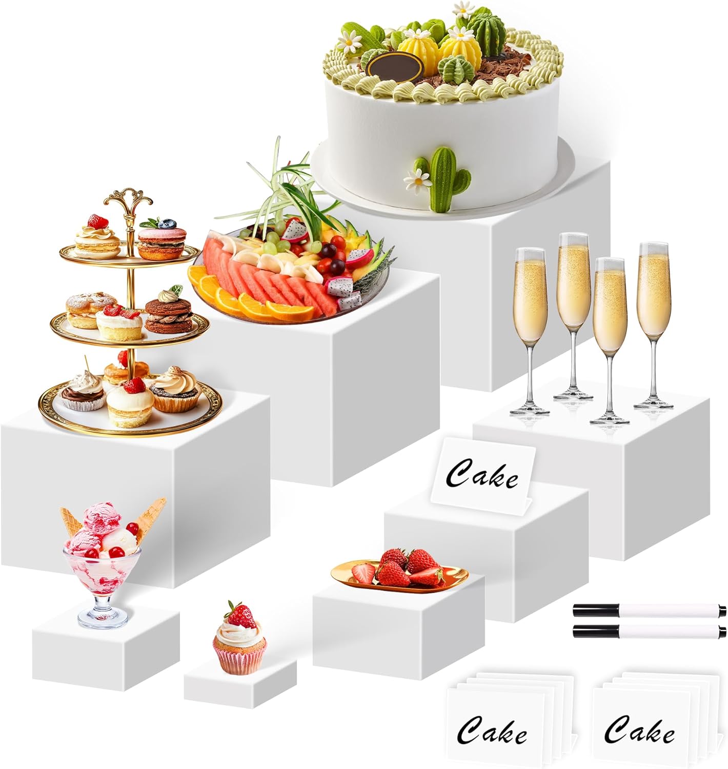 8 Buffet Risers Acrylic Cube Display Stands Box Risers with Hollow Bottoms Dessert Table Display Set Food Nesting Risers for Buffet Table, Cupcake Candy Food, Parties, Brunch, Weddings (Transparent, 6pcs-3''4''5''6''7''8'')