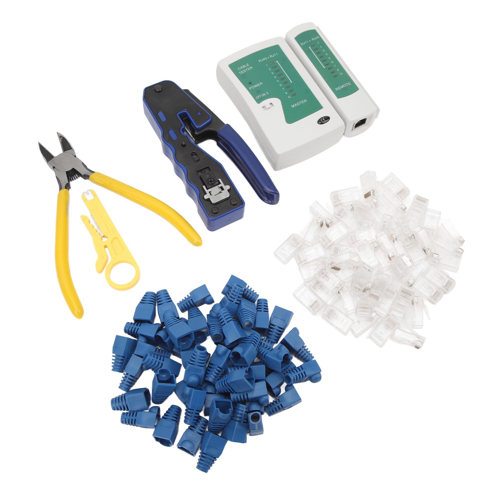 KIMISS Kit d'outils de Sertissage RJ45-pince à Sertir avec Testeur de Câble Réseau, Dénudeur de Fil et 50 Connecteurs Cat6