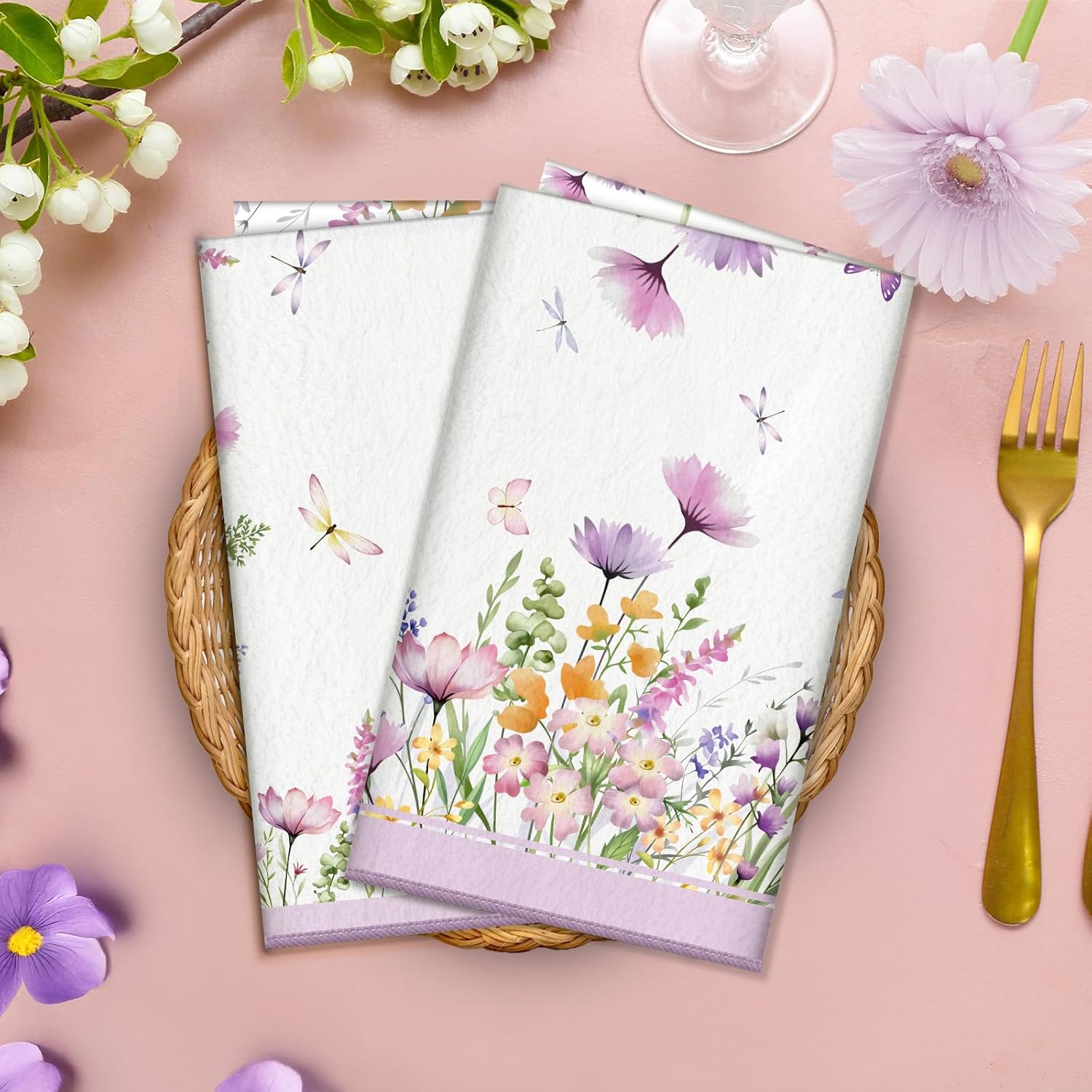 Spring Floral Butterfly Microfiber Kitchen Towels, Soft Absorbent Farmhouse Summer Hand Towel 15.7 × 23.6 inch, Thick Dish Cloth for Party Anniversary Holiday Decoration Housewarming Gifts - Image 2