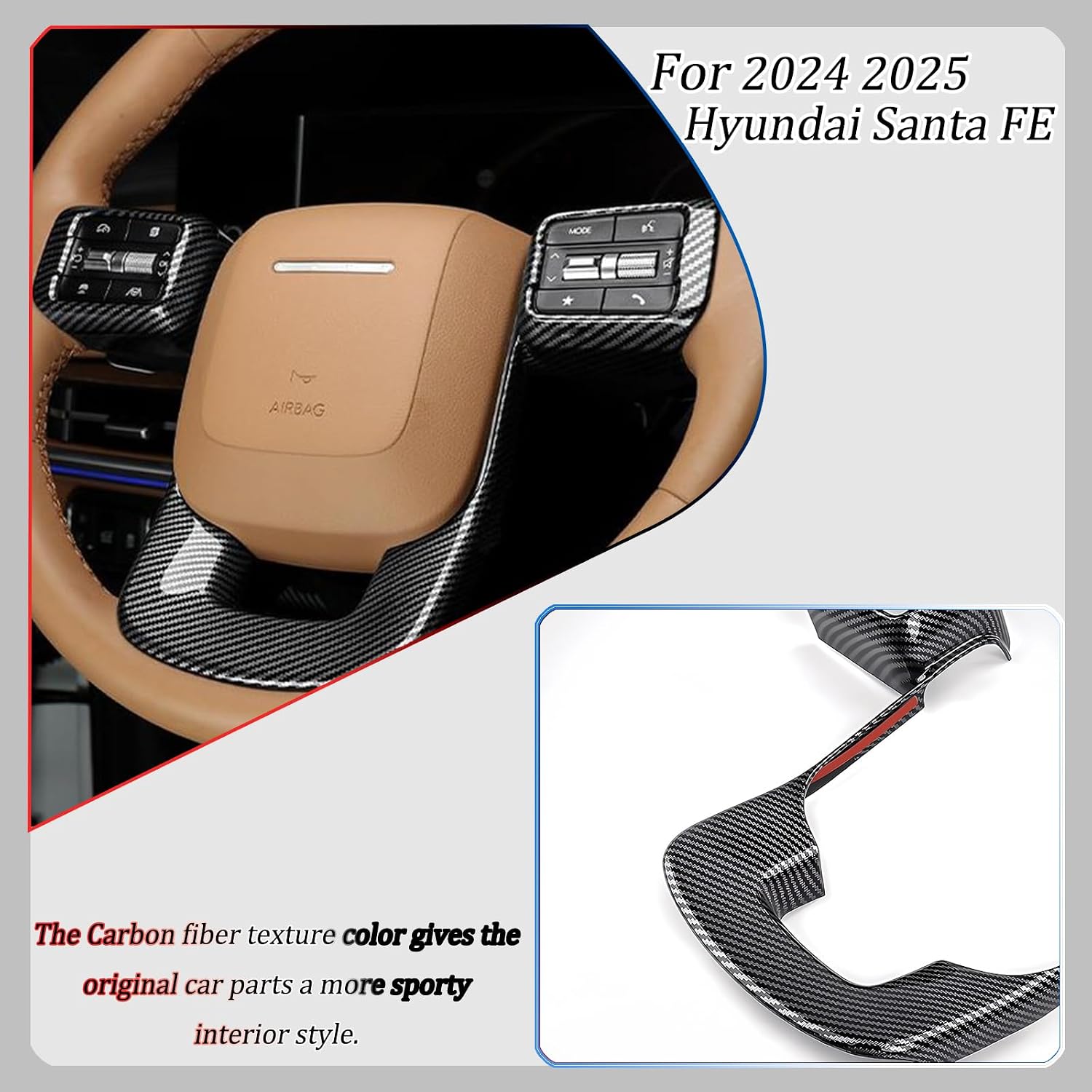 Steering Wheel Button Cover, for Hyundai Santa FE 2024 2025,Steering Wheel Button Panel Protection Frame Molding Trim - Carbon Fiber