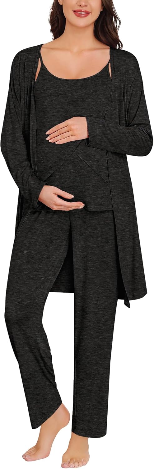 SWOMOG Maternity Pajamas Set 3 PCS Nusing Pajamas Labor and Delivery Gown & Camisole & Pants Postpartum Pjs