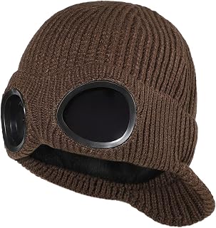 Unisex Goggles Winter Hats Peaked Ski Hat Warm Thick Fleece Lined Knit Beanie Cap