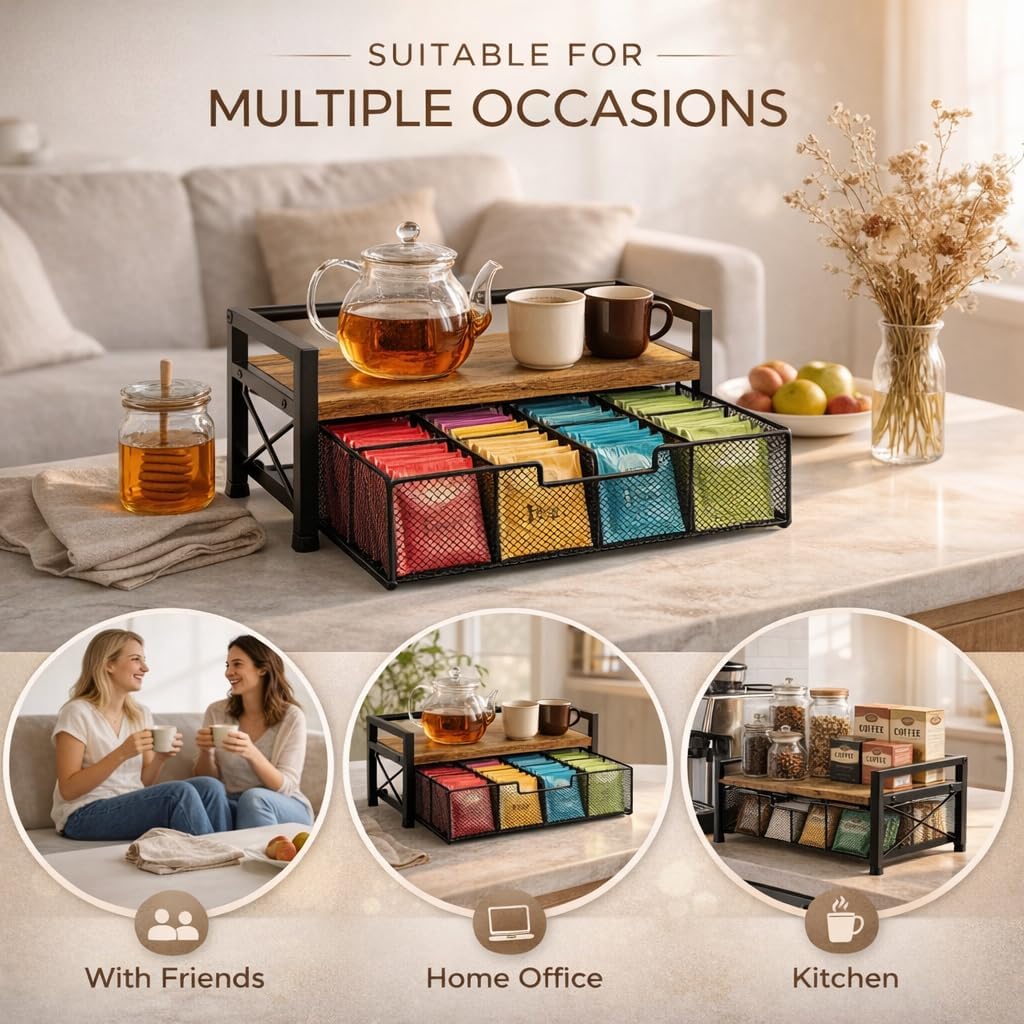 Tea Bag Organizer for Countertop with Pull-Out Drawer, 8 Compartment Wood and Metal Tea Station for Tea Bags, Coffee Pods, Sugar Packets, Rustic Brown