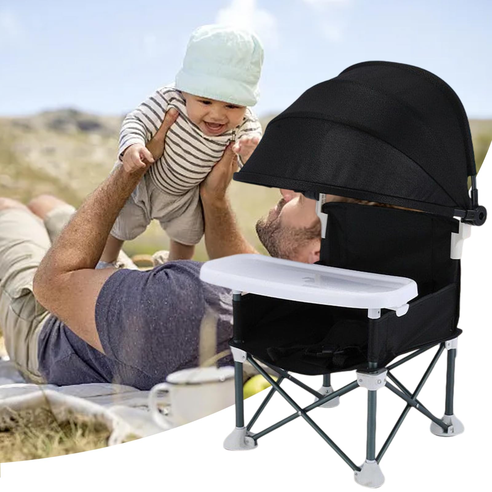Chaise Haute Pliante Pour Bébé Siège De Enfant Avec Plateau Repas | Siège Bébé Pliable Avec Auvent Anti-Pour Maison Extérieur Pique-Nique Pelouse Camping