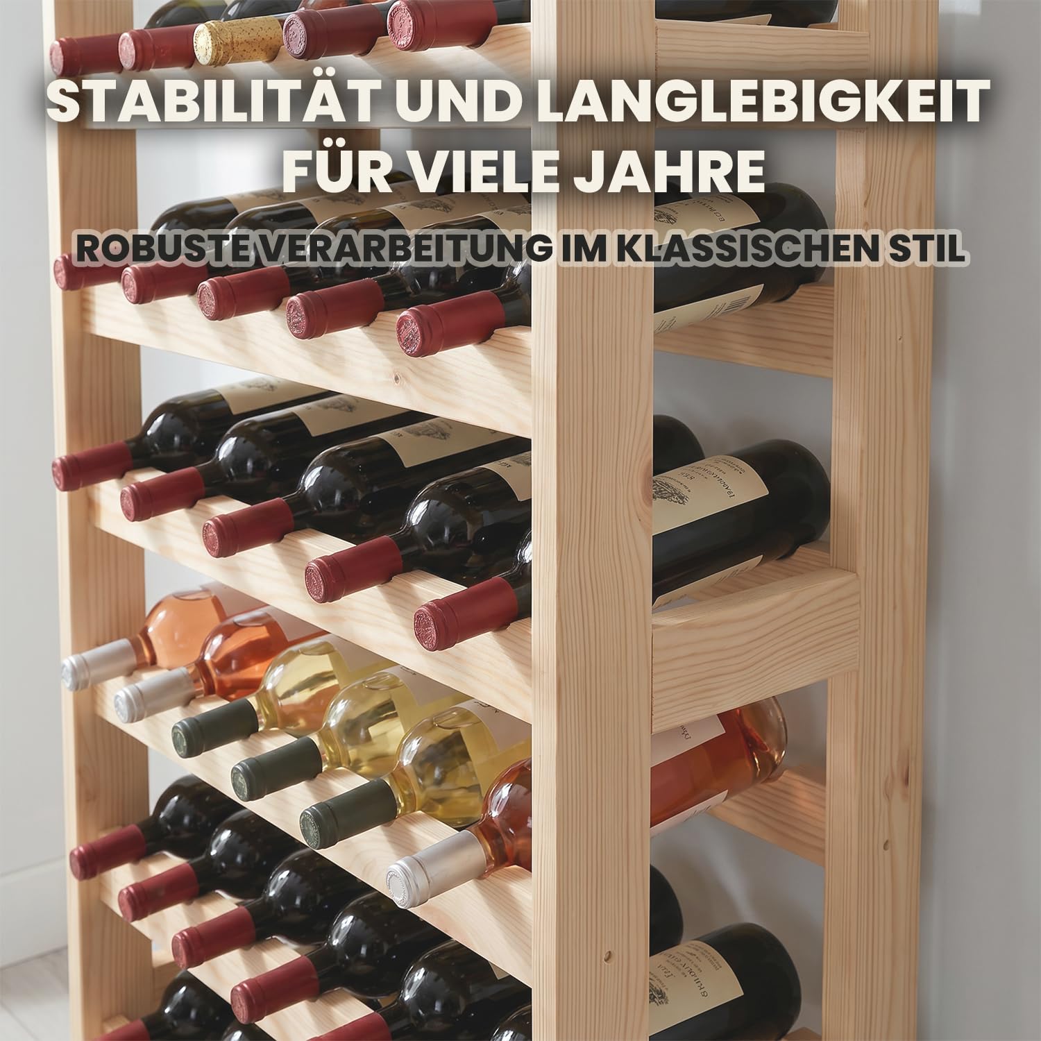 Weinregal Holz für 42 Flaschen mit 7 Regalböden 98 x 63 x 25 cm | 98 x 63 x 25 cm, Robustes Massivholz, Montageset inklusive, Sichere Lagerung, Freistehend, Für Keller und Hausbar