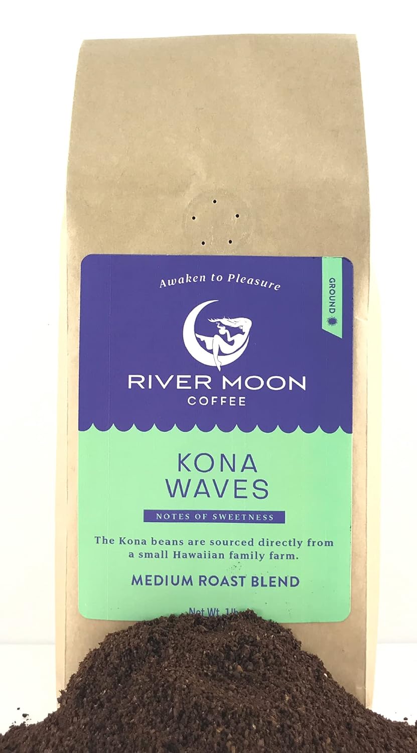 River Moon Coffee, Kona Coffee Ground, Medium Roast, 16 Ounces, Kona Waves Hawaiian Blend, Sustainably Farmed, 100% Arabica