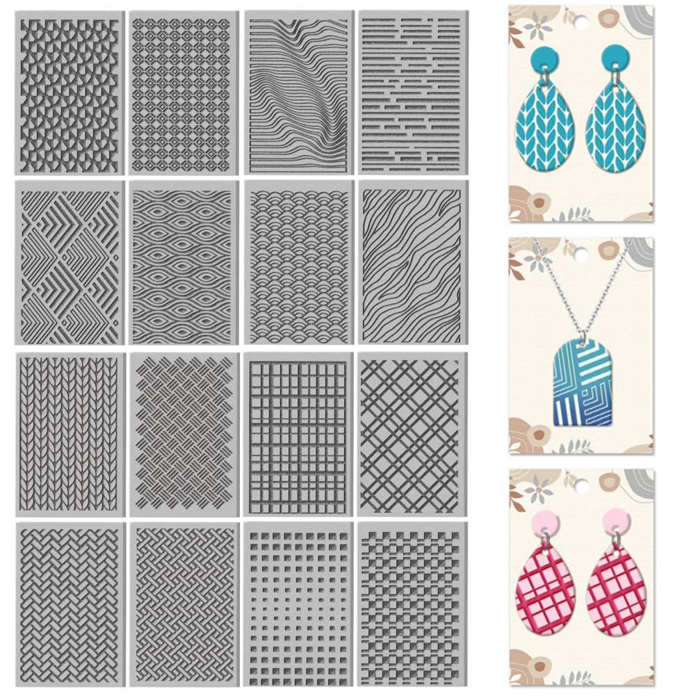 CHGCRAFT 16 Sheets Artistic Lines Clay Texture Mat Wavy and Plaid Pattern Polymer Clay Texture Sheets DIY Tools for Pottery Earring Jewelry Making Stamp Engraving Machines, 4x2.6inch