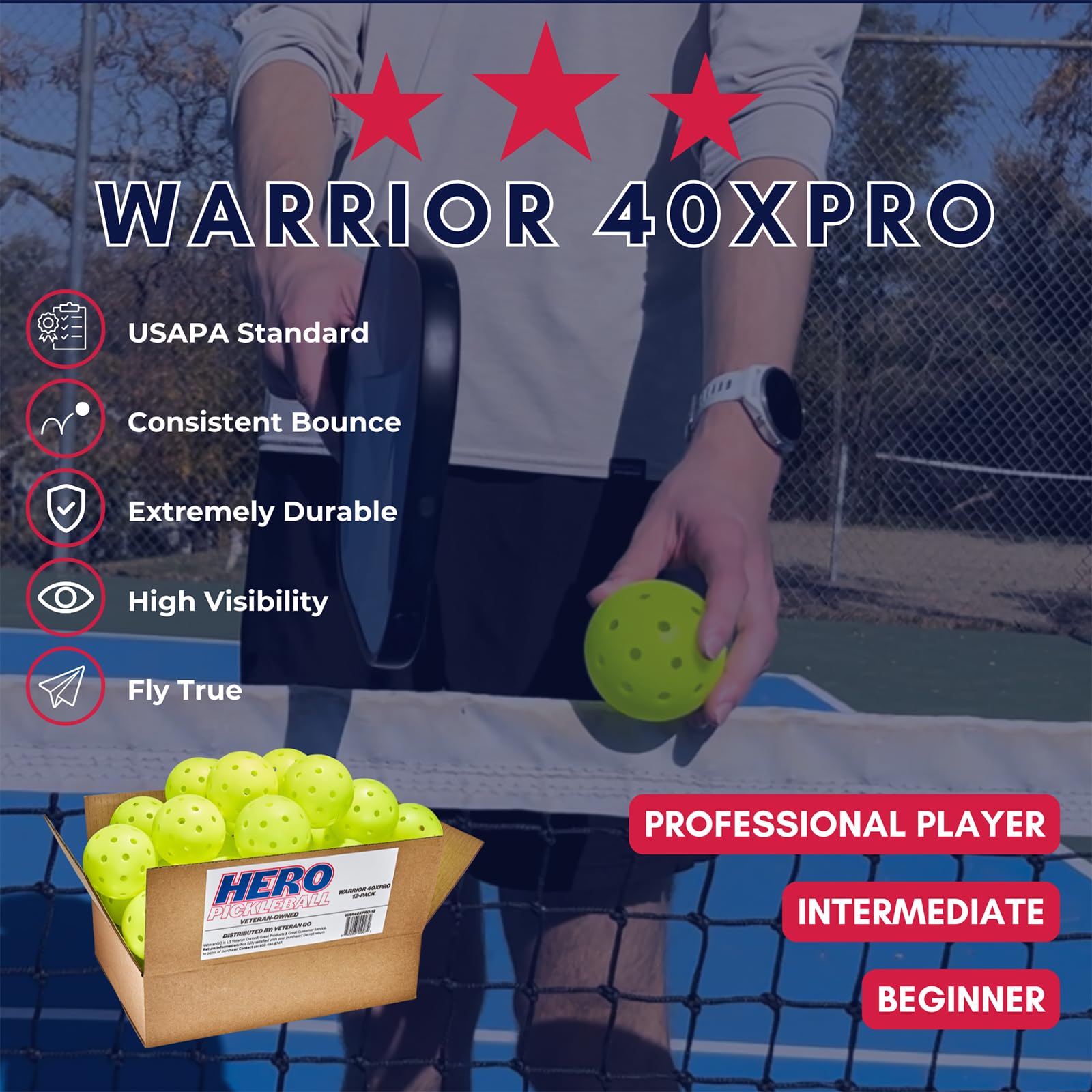 Hero Pickleball Warrior 40XPRO - Set of 12 Durable Pickleball Balls. Meets USA Pickleballs Requirements. Works with All Pickleball Paddles Consistent Flight & Spin - 40 Machine-Drilled Holes