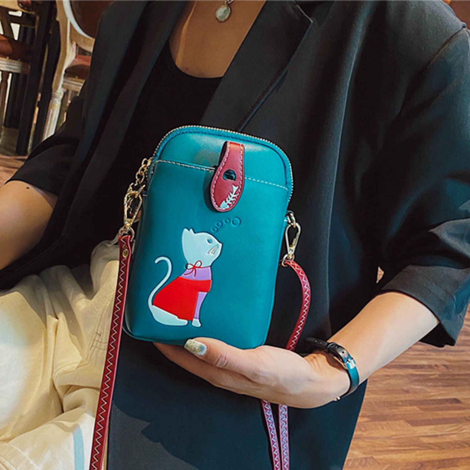 Pequeña bolsa cruzada para teléfono celular para mujer, de piel sintética, con lindo gato, bolso de hombro, billetera de poliuretano, Azul eléctrico 6