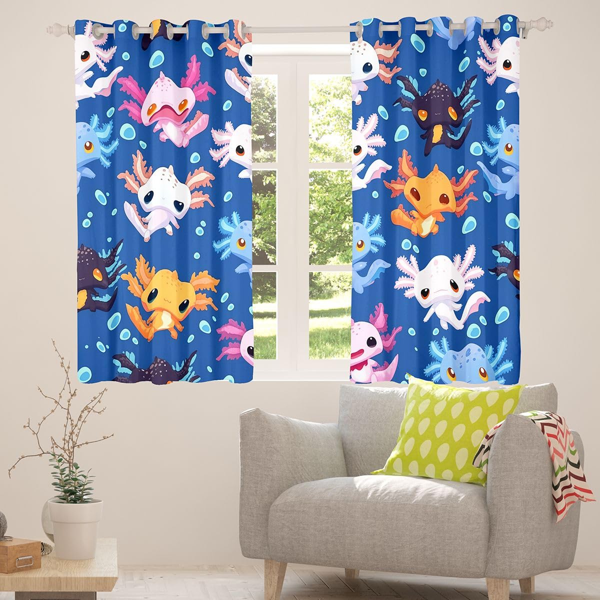 Homemissing Simpatiche tende Axolotl per camera da letto e soggiorno, stile kawaii, oceano marino, oscuranti, tende oscuranti con salamandra, 2 pannelli, 132 x 228 cm (larghezza x lunghezza)