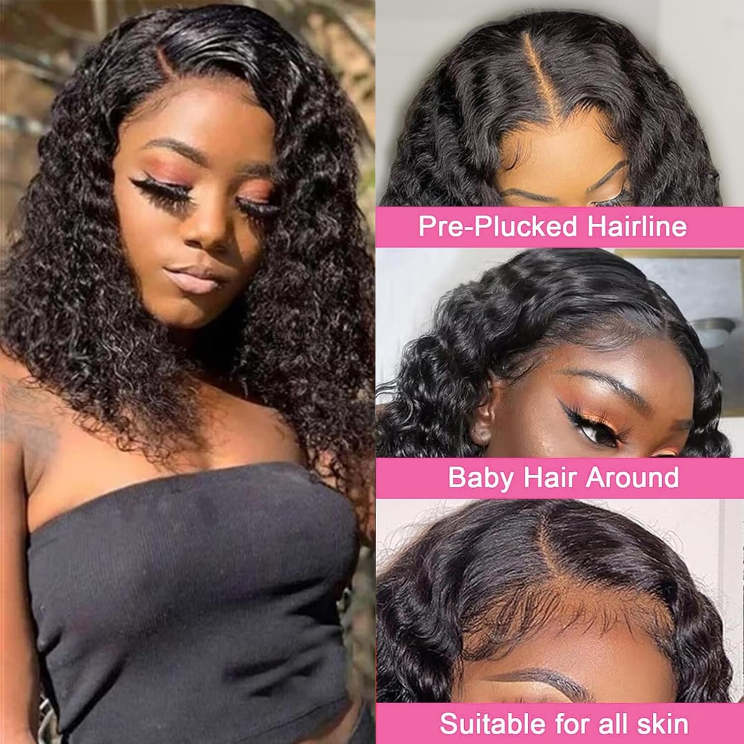 Deep Wave Bob Wig Human Hair 12 Inch 13x4 Lace Front Bob Wigs Human Hair Pre Plucked 180 Density HD Transparent Lace Front Human Hair Wigs for Black Women Natural Black