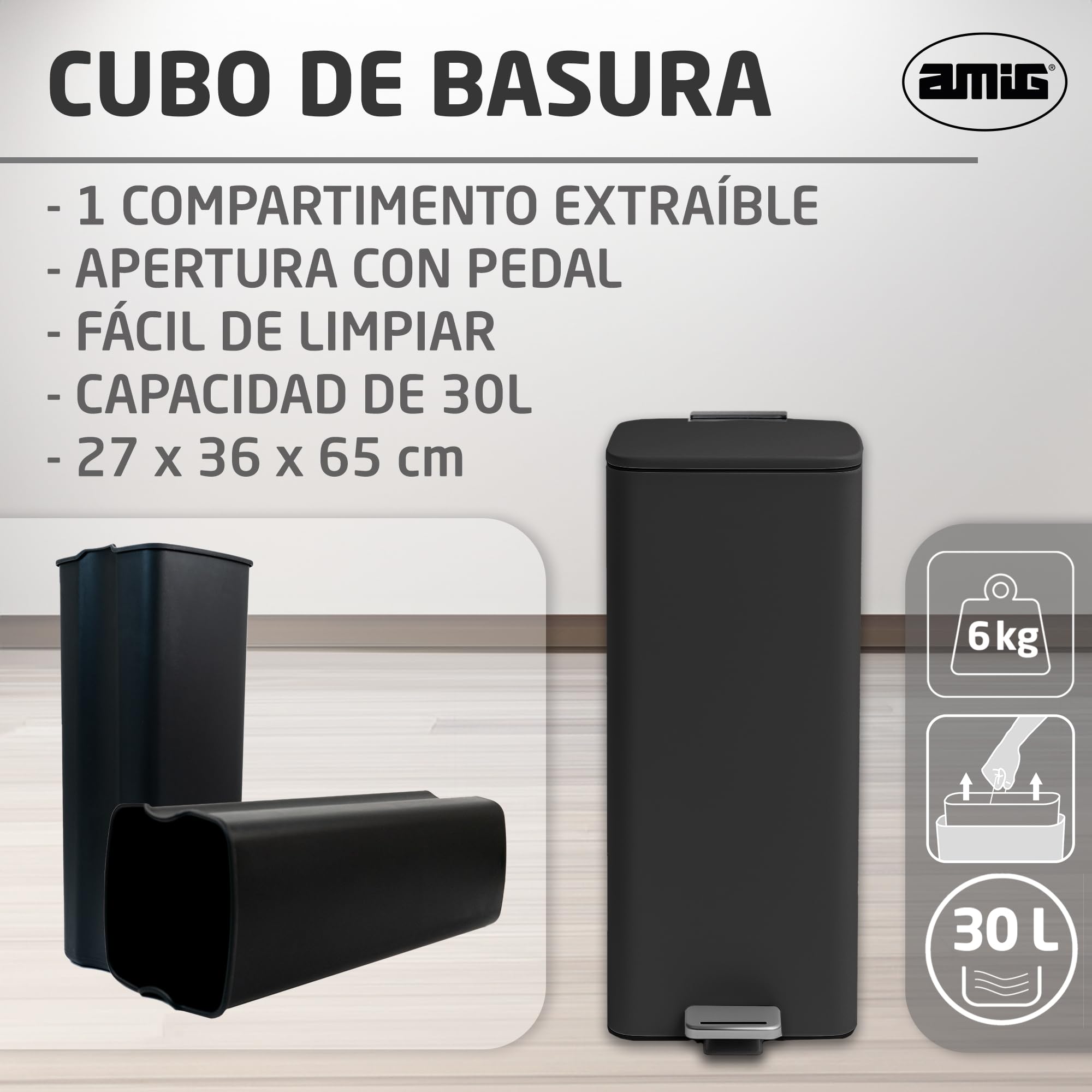 Amig - Cubo de Basura con Pedal 30 Litros Mod. Artvin - Color Negro - Apertura higiénica sin manos - 27 x 36 x 65 cm - Acero inoxidable lacado - Papelera para cocina con Tapa Hermética