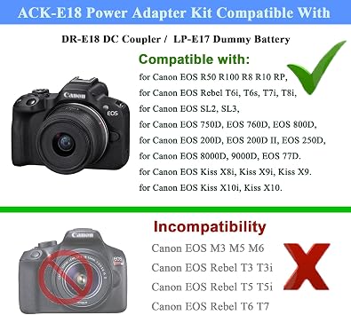 LP-E17 Dummy Battery for Canon EOS R50, ACK-E18 Power Supply Adapter, DR-E18 DC Coupler Kit, fit for Canon EOS R50 R50V R100 R10 R8 RP, Rebel T6i T7i T8i T6s SL3 SL2 77D 800D Cameras.