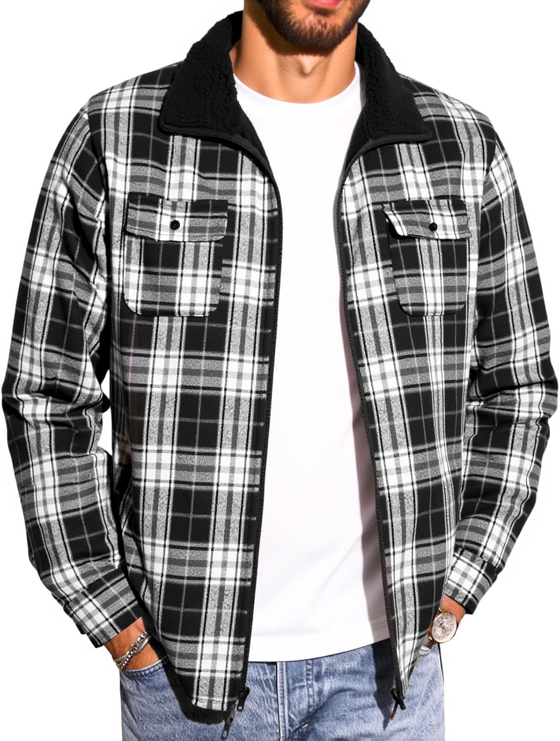 Yousify Mens Sherpa Lined Shirt Jacket Casual Long Sleeve Plaid Shacket Flannel Fleece Full Zip Jacket