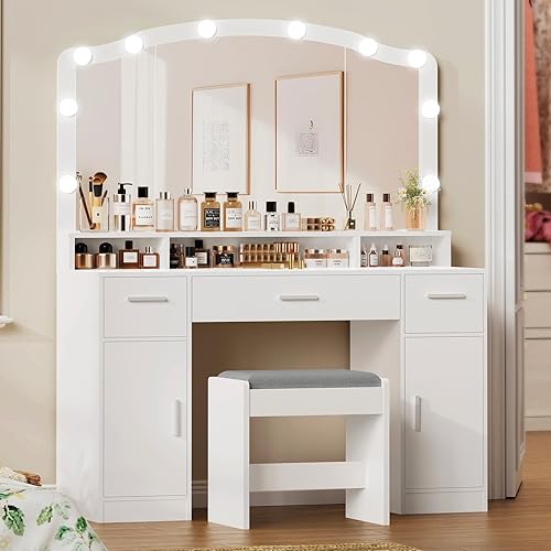 Miniatura 3 de usikey Tocador de maquillaje con luces, escritorio de tocador, mesa de maquillaje con 3 cajones, 2 armarios y estante largo de almacenamiento, 10
