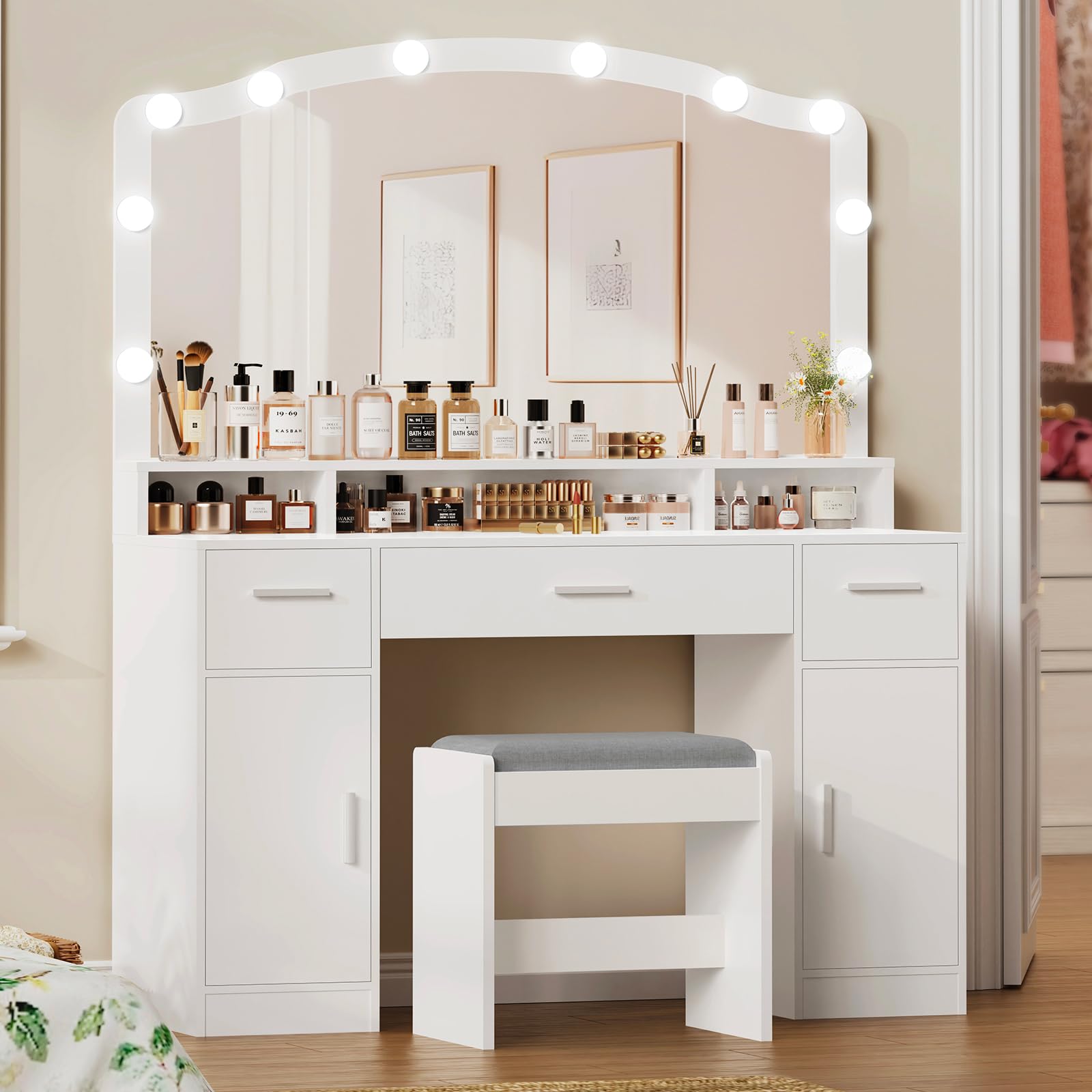 TEENFON Large Vanity Table with Mirror and Light, Makeup Vanity with 3 Drawers, 2 Cabinets and 10 LED Bulbs Dressing Table with Stool for Women,Bedroom,Bathroom, White