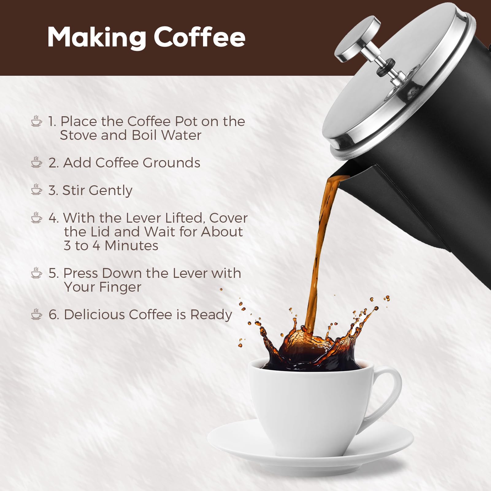 1L French Press Coffee Maker, Stainless Steel Coffee Pot with Foldable Handle, Portable Coffee Kettle for Camping, Home, Office, Easy to Use Coffee Brewer