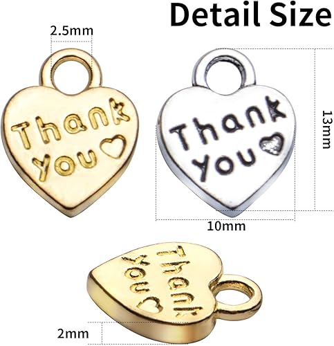 Miniatura 3 de Aylifu 100 dijes antiguos de corazón con palabra de agradecimiento, suministros de manualidades a granel para hacer joyas, collares, pulseras, plata