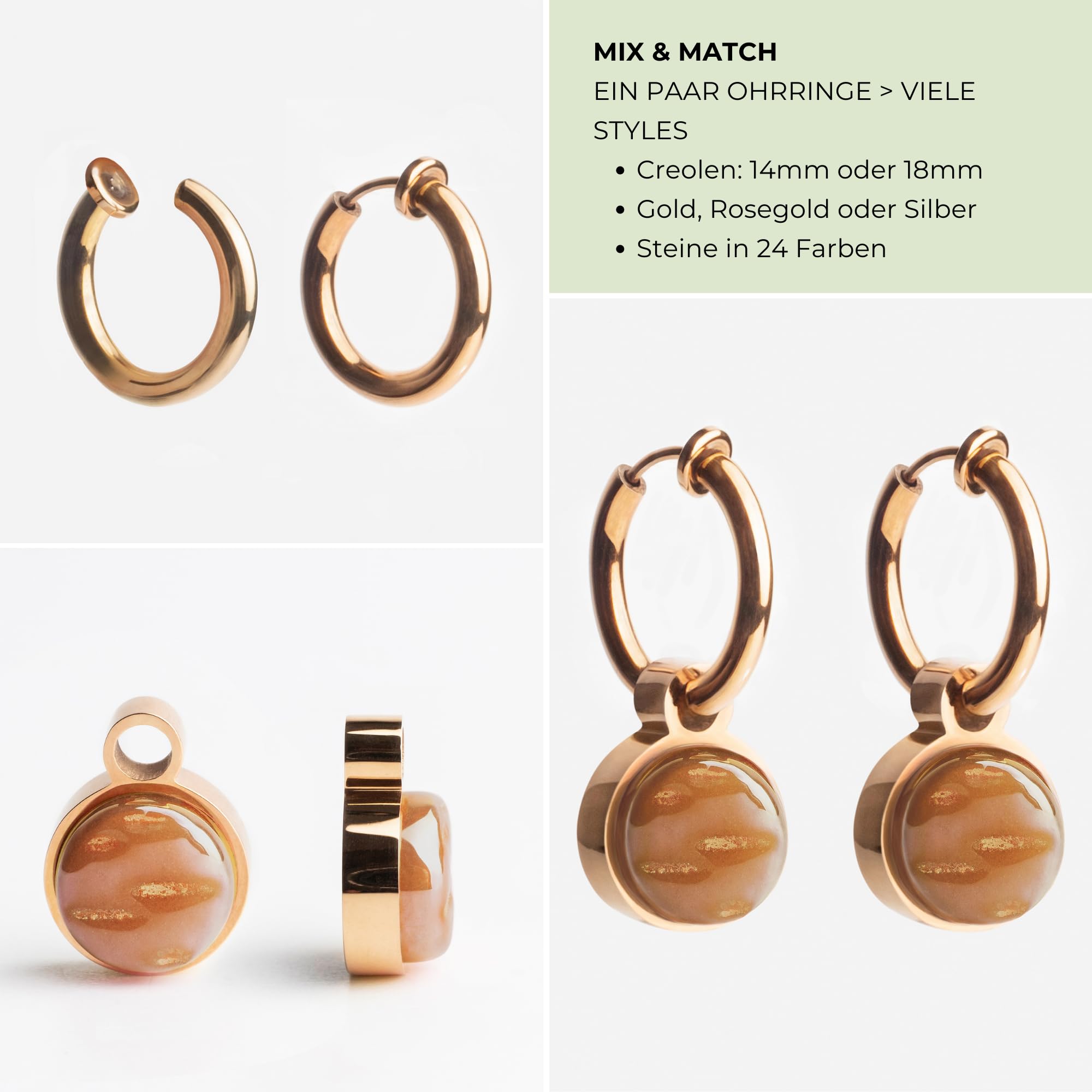 Clip Ohrringe mit Anhänger • Roségold Ohrclips aus Edelstahl vergoldet • mit Charm zum Wechseln • nachhaltig & handgemacht • MIX AND MATCH • Ø 14 mm