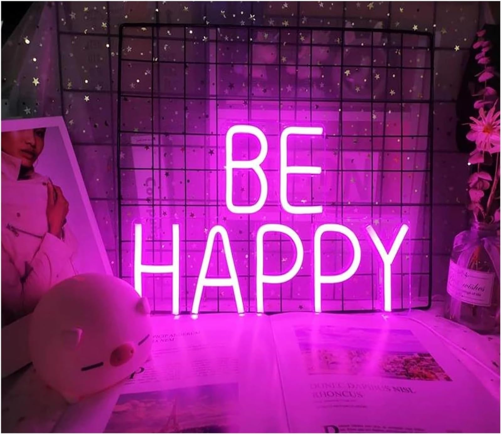 Insegna al neon con lettere colorate per interni, scritta "Be Happy", per decorazioni murali e camerette per bambini