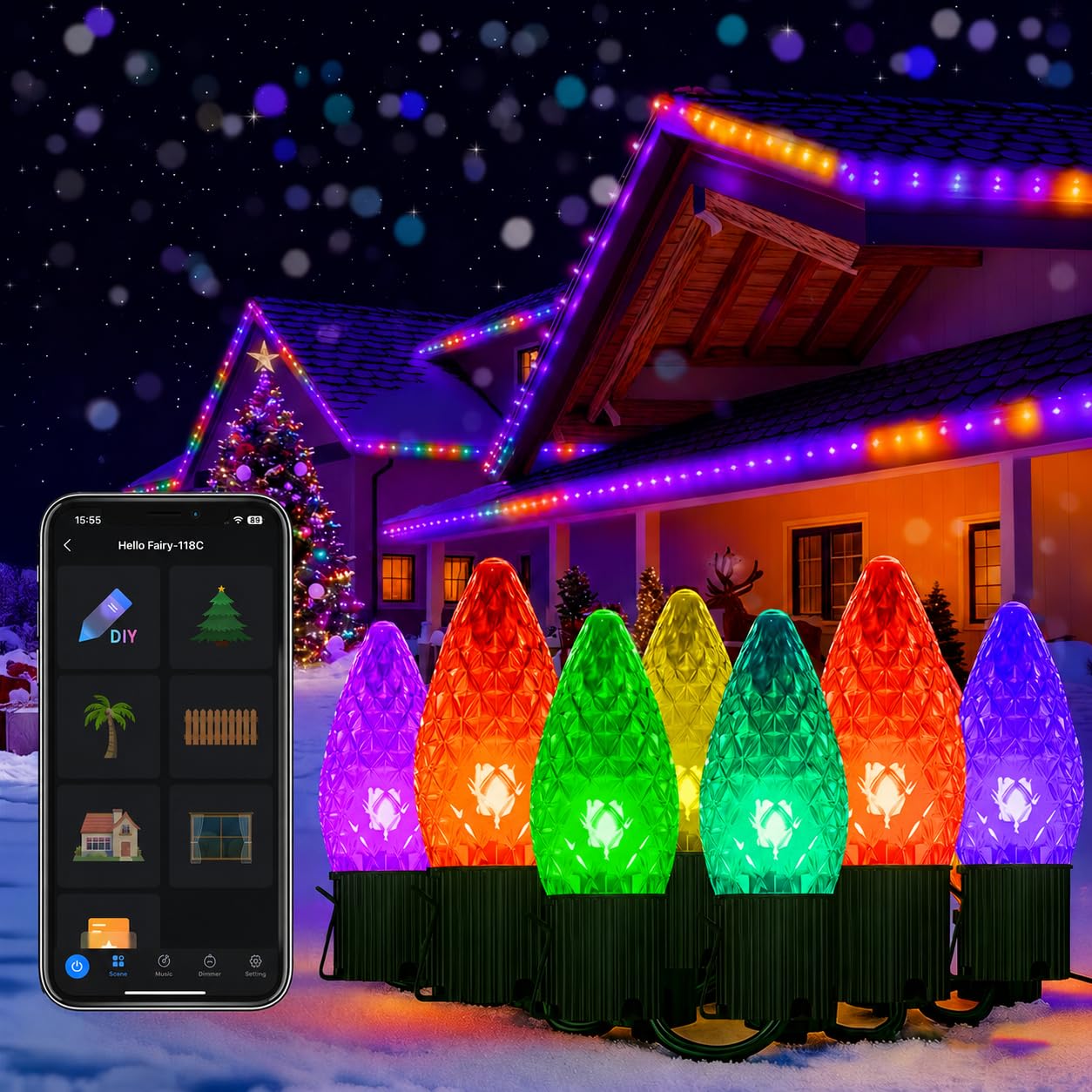 Smart C9 - Luci natalizie a LED per esterni, 30 m, 150 LED, controllo APP, 105 modalità preimpostate, sincronizzazione musica, dimmerabile, impermeabile IP65, luci di Natale collegabili per cortile