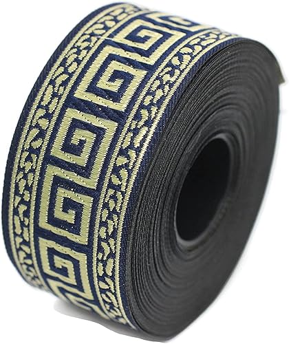 Miniatura 2 de Carrete de 11 yardas de 1.37 pulgadas de ancho, color azul real, oro, llave griega, jacquard, cinta de tela medieval, envoltura de regalo,