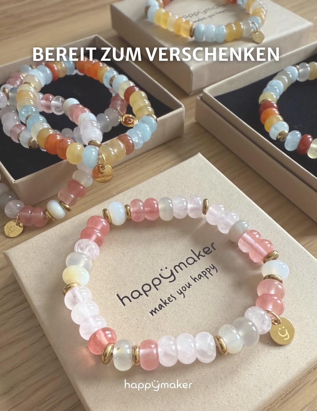 happymaker - Perlenarmbänder bunt Damen mit echten Edelsteinen, Armband Set, Schmuckschachtel, handgefertigt in Deutschland