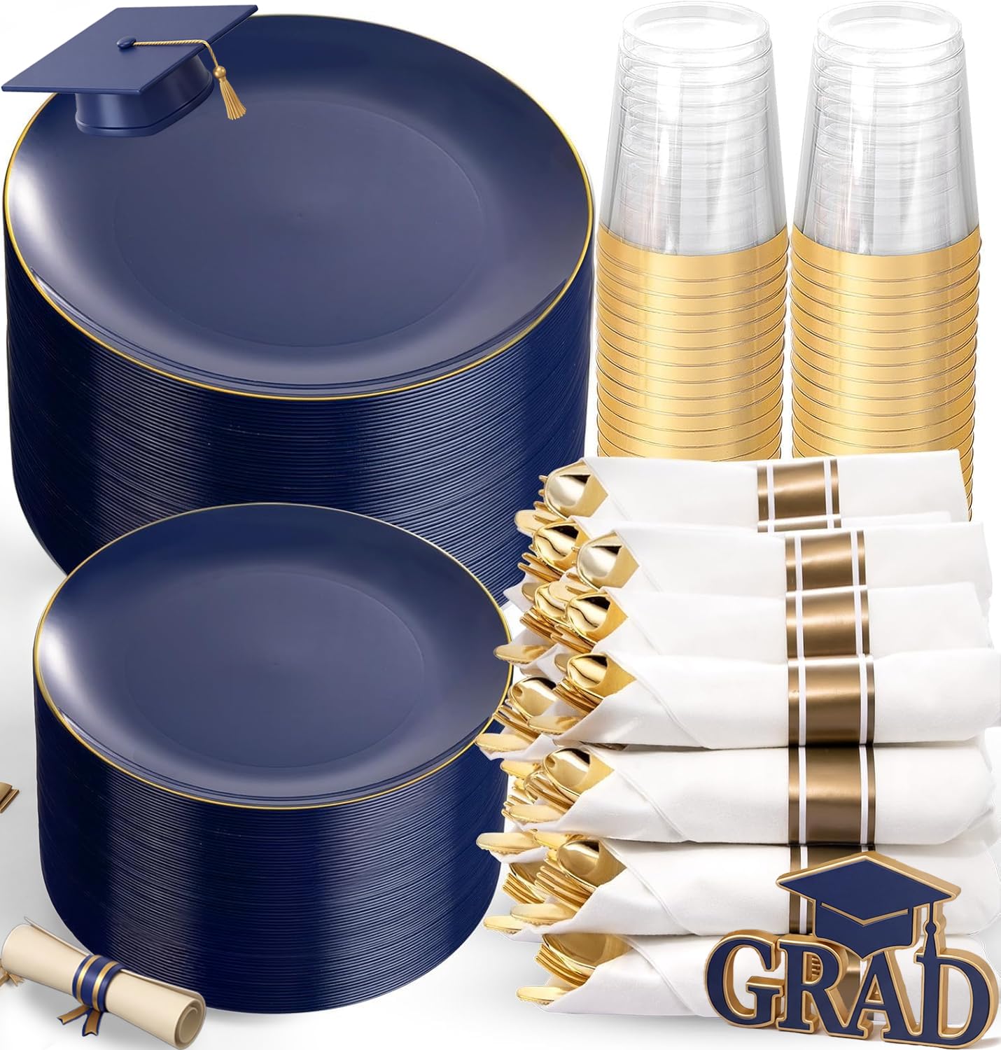 Photo 1 of KIRE 350Pcs Blue and Gold Plates -Heavy Duty Navy Blue Dinnerware Set - 100 Plastic Plates 50 Pre Rolled Napkins with Gold Plastic Silverware 50 Cups for Party/Graduation/Memorial Day/Father's Day