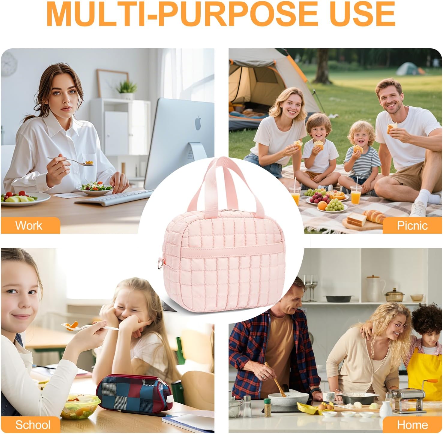 Lunch Box for Women,Quilted Puffer Lunch Bag, Cute Lunch Box with Front Pocket, Insulated Lunch Bag for Office Work，Hand Carry or Crossbody - Image 6