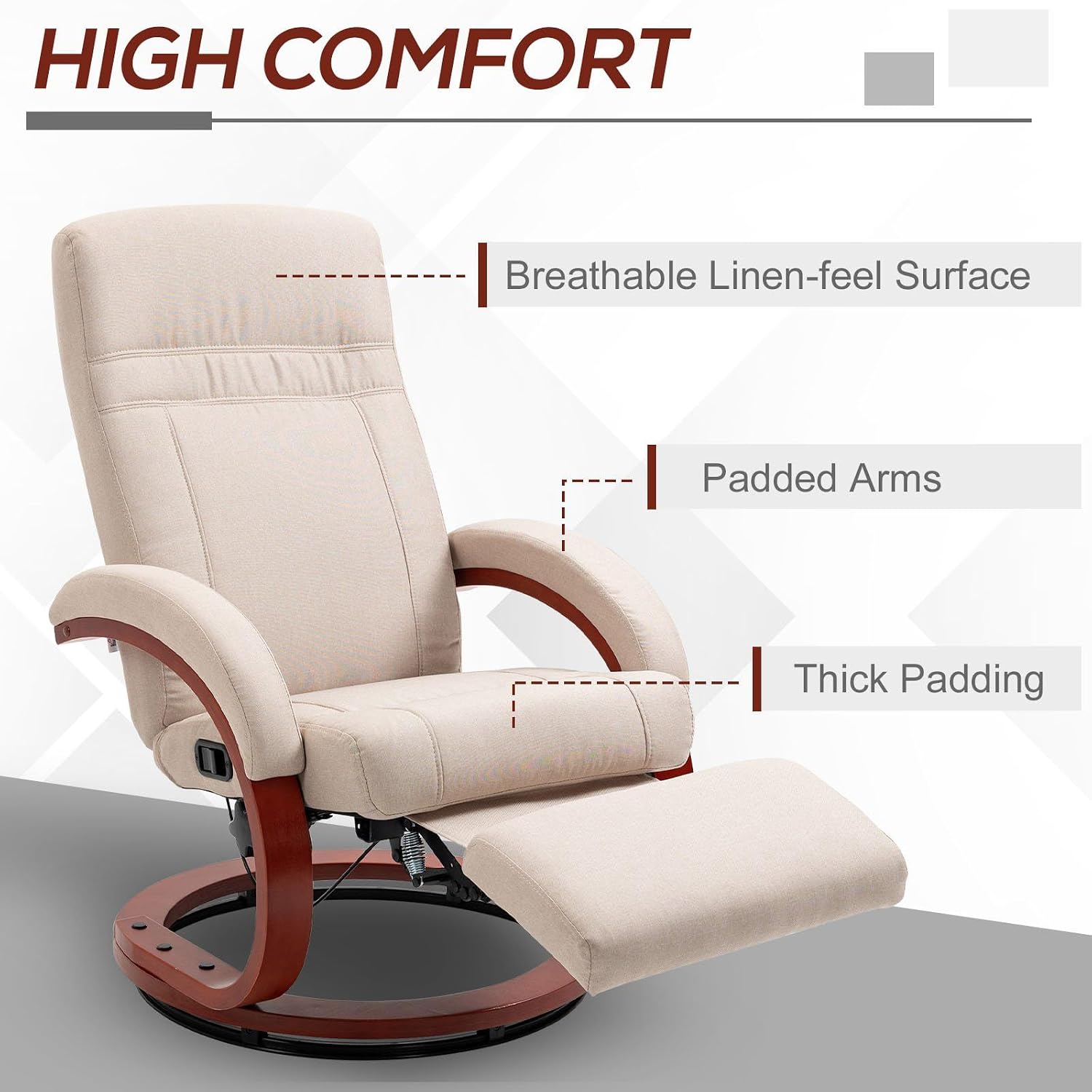Image illustrating the 360-degree swivel capability of the recliner chair, showing multiple angles of the chair rotating.