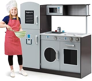 INFANS Wooden Kids Kitchen Playset,Toddler Kitchen Playset with Large Storage Cabinet, Simulated Sound, Sink, Microwave, Stovetop, Pretend Play Toddler Play Kitchen for Ages 3+ Boys Girls