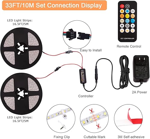 Miniatura 5 de Tira de luces LED, 33 pies, regulables, 2700K-6500K, tiras de luz LED con luz brillante remota, 1200 luces LED flexibles con fuerte adhesivo para