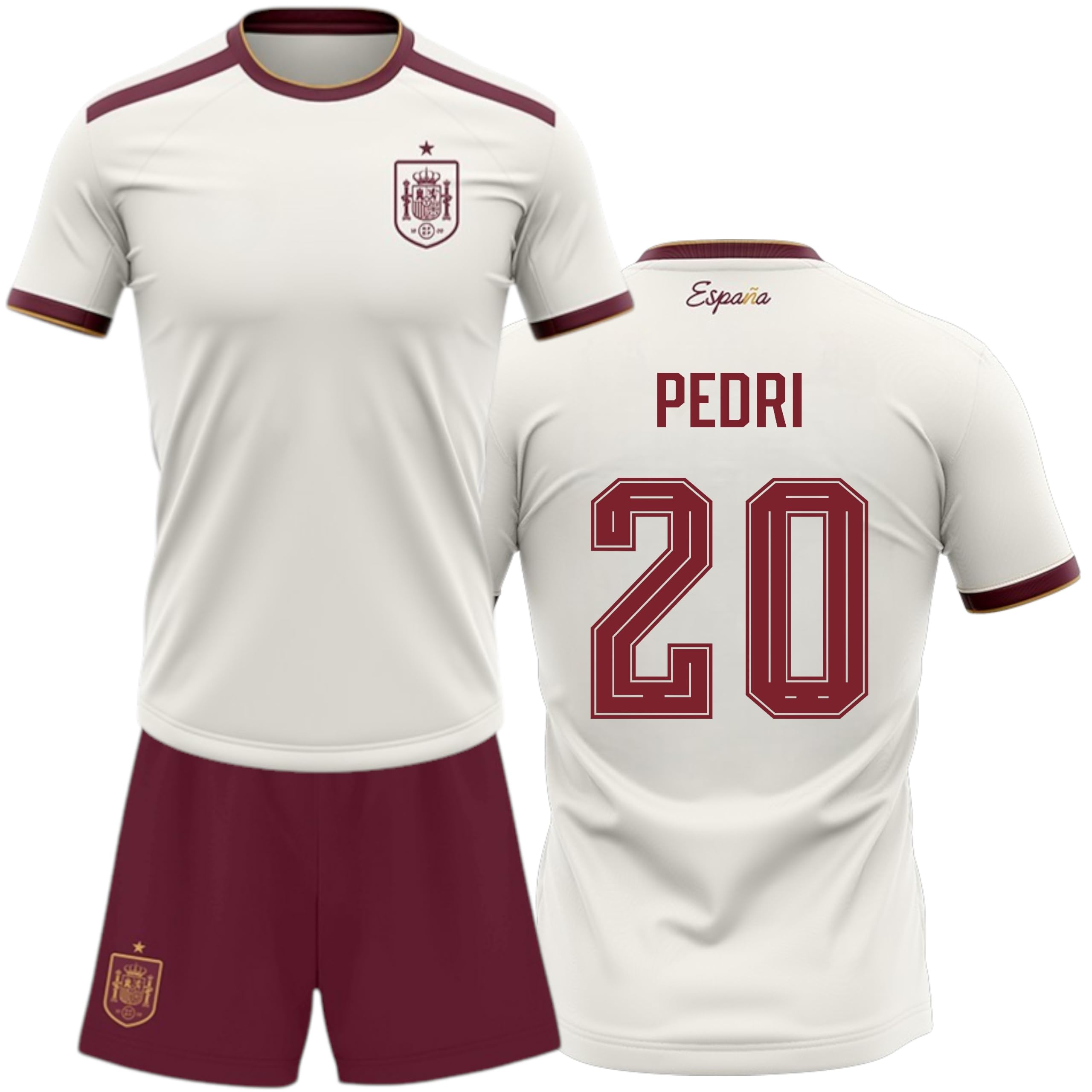 Champion's City Selección Española Kit Mundial 2026-2028 Camiseta y Pantalon Pedri 20, Color Blanco y Granate, Conjunto Futbol Infantil