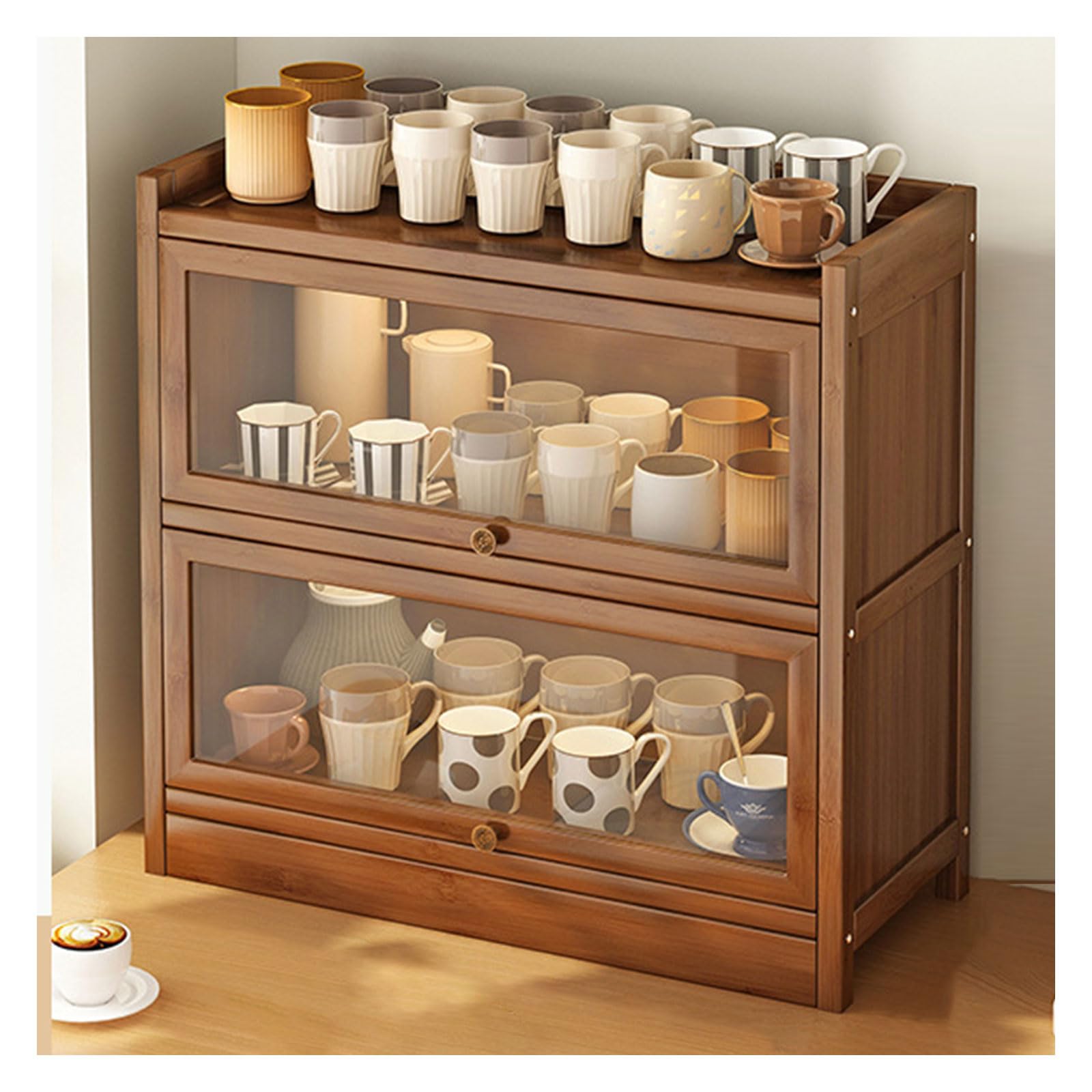 Armario de almacenamiento de gran capacidad para encimera de cocina con puerta de cristal, organizador de pan de madera para 2 capas, 80 cm