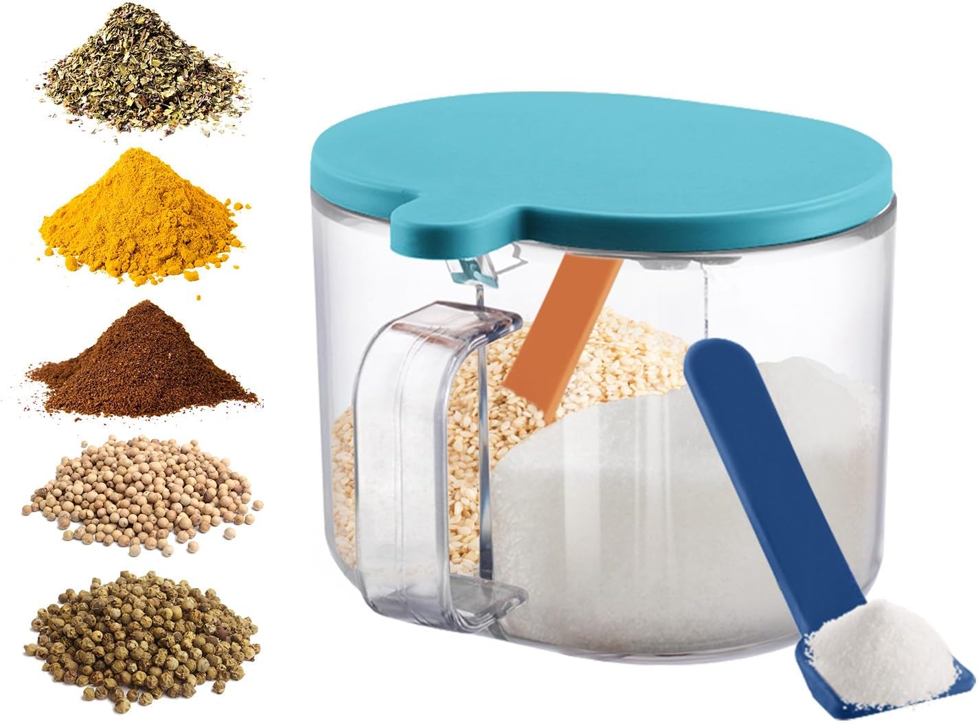 Upgrade Seasoning Box with Spoon, Transparent Seasoning Storage Container with Handle Lid Condiment Spice Pots for Salt Sugar Pepper (green, 2 Compartments)
