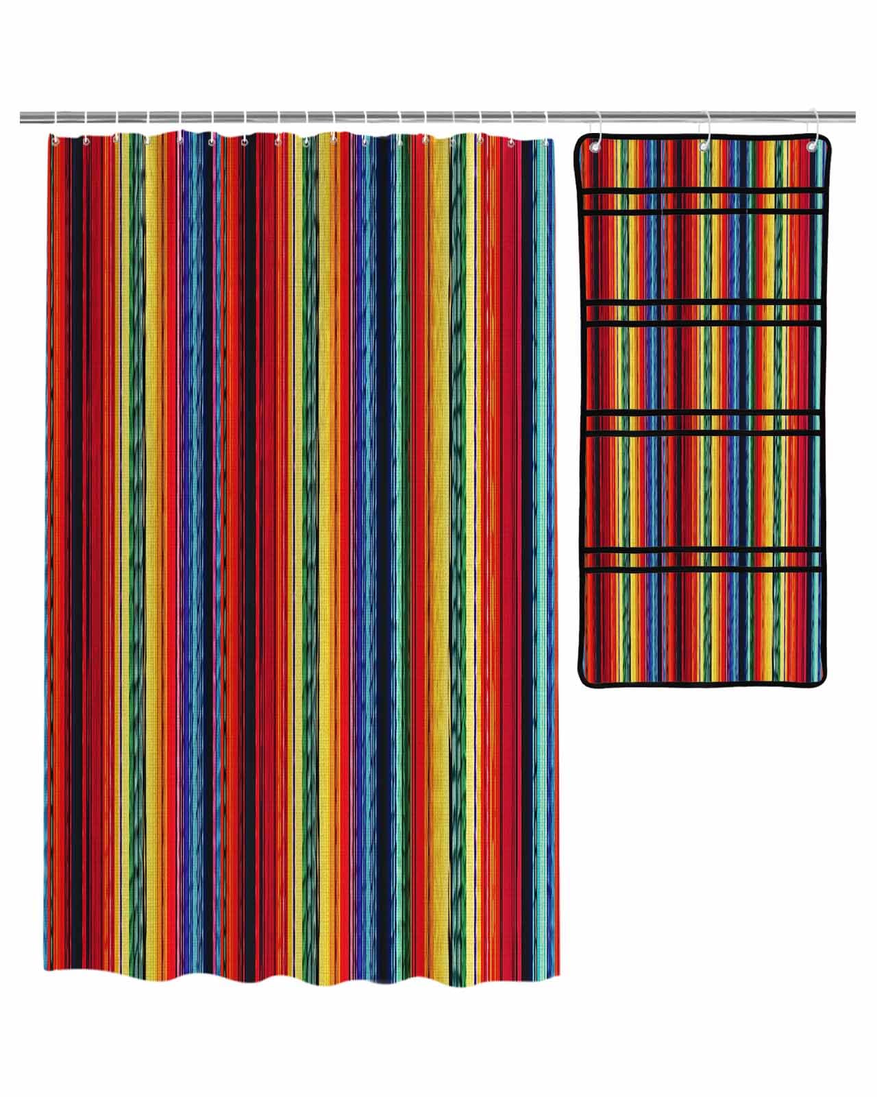 ZFUNCING Shower Curtain Mesh Shower Organizer Set Modern Colorful Mexican Stripe Waterproof Bath Curtains Hanging Shower Caddy Bathroom