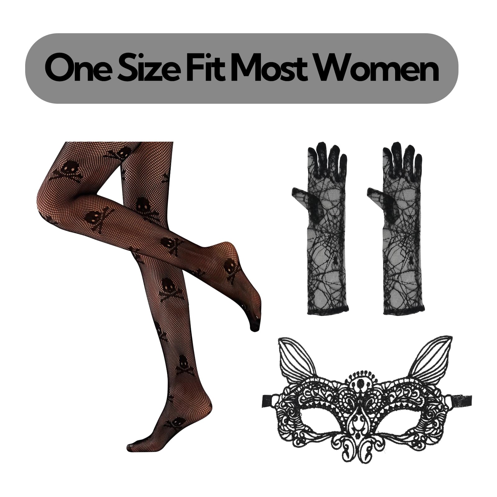 Lifreer Day of The Dead Skeleton Tights, Spider Webs Long Finger Loop Gloves - Image 2