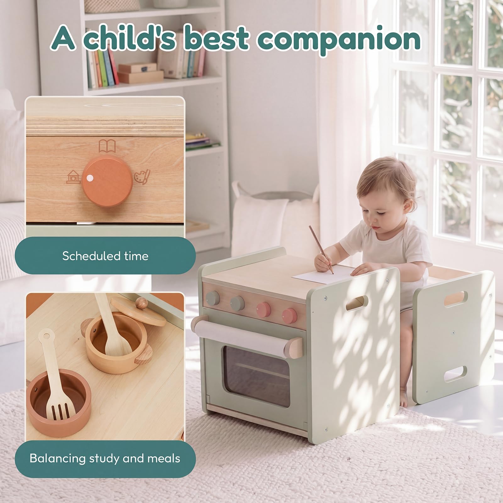 EDUBEBO Kinder Tisch Stuhl Set Holz im Kinderküche Ofen-Design, Montessori Kindertisch mit Stuhl & Zeichenpapierrolle, Kleinkindertischset Aktivitätstisch Spieltisch Essen, Sitzgruppe ab 1 Jahr