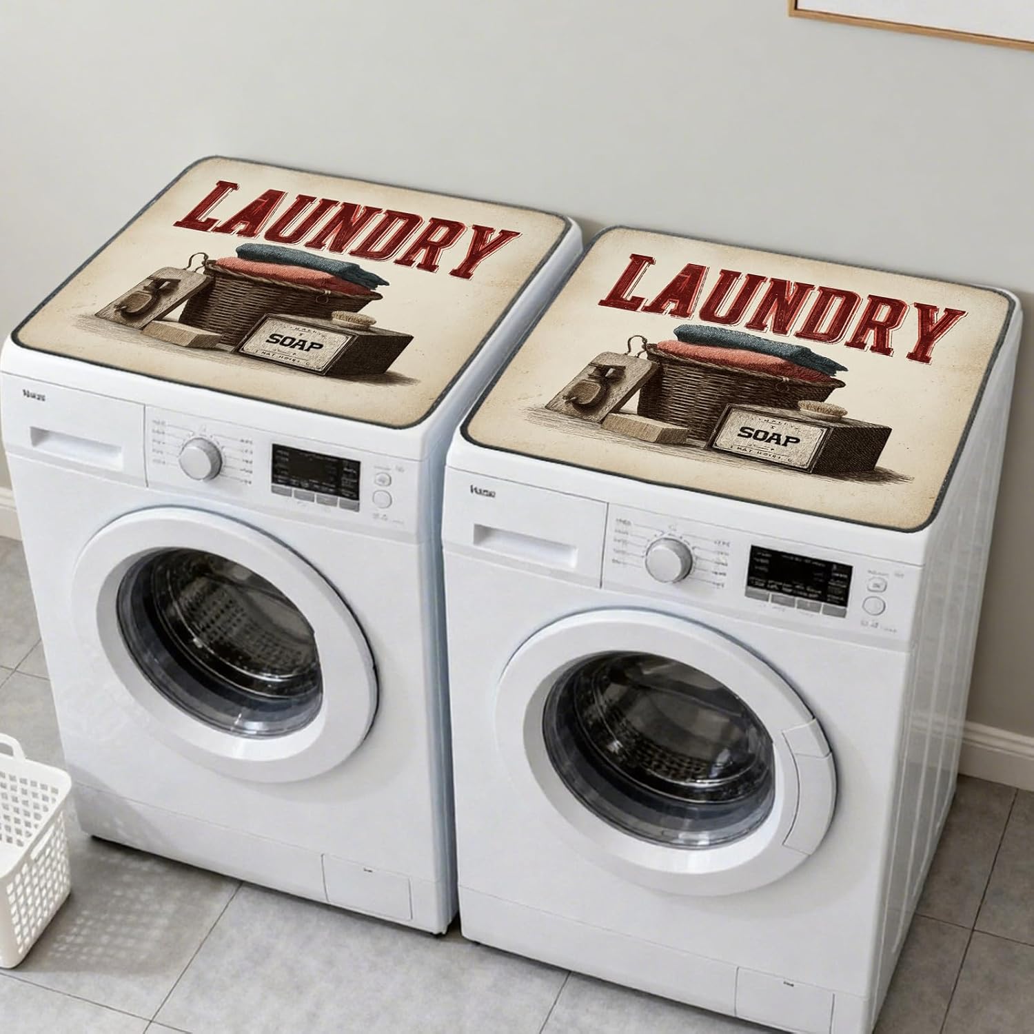 Nuxovilar Retro Laundry Basket Dryer Cover for the Top, Non-slip Washer & Dryer Protector, 23.62"x19.68" Dust-proof Washing Machine Mat, Diatom Mud Polyester Dryer Top Pad for Laundry Room