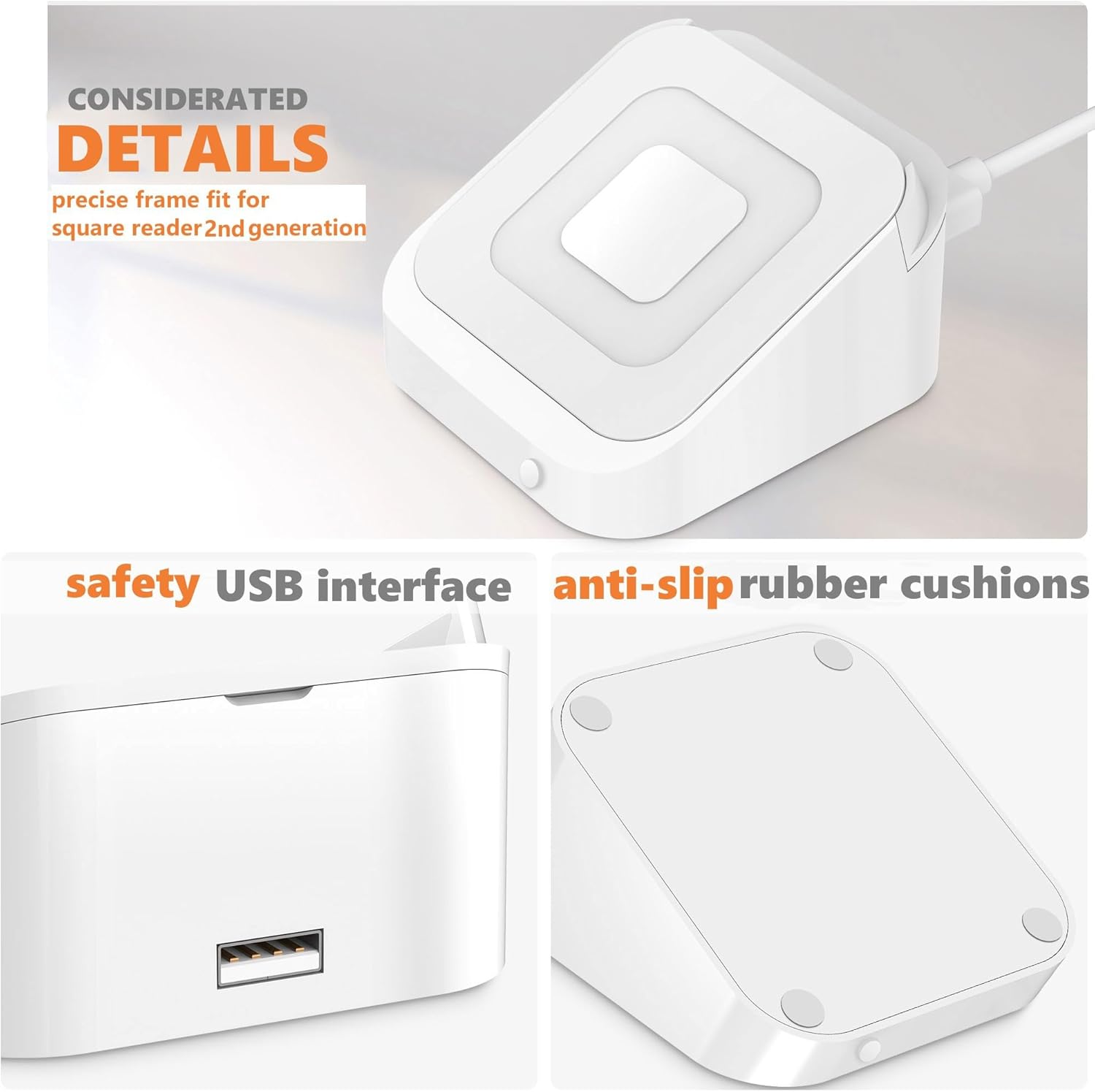 3 Packs Square Dock for Square Reader 2nd Generation, Holder Stand for Square Reader 2nd Generation, Smart Anti-Sleep Button, Anti-Slip Base Dock (Cable & Wall Charger, NO Reader