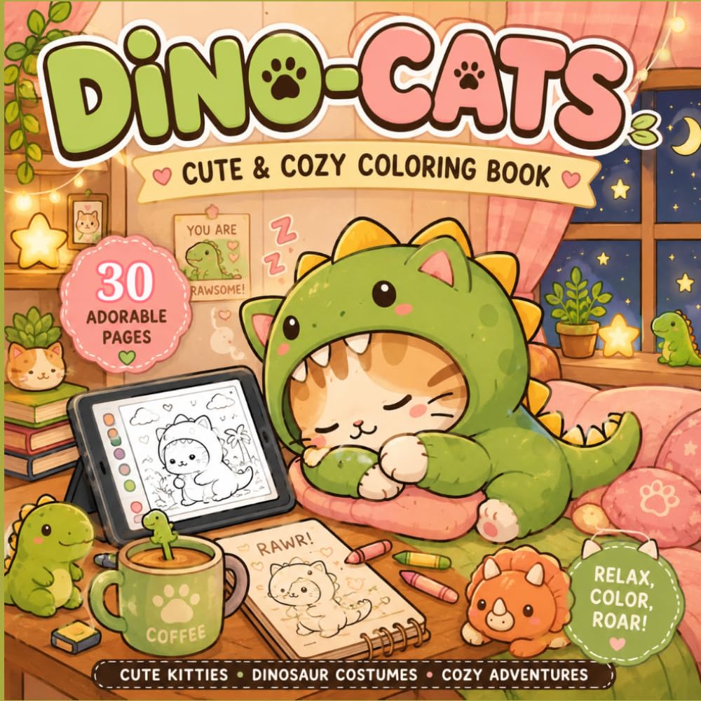 DINO CAT: 30 designs Dino Cats in Magical Everyday Life Coloring Pages for Fun, Relaxing & Easy-to-Color Pages (Ages 4+)(8.5"×8.5")