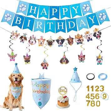 COMSUN Dog Birthday Party Supplies Set, Dog Birthday Bandana with Hat, Banners, Puppy Face Hanging Swirls, Golden Numbers 08, and Cake Topper for Boy Girl Puppy Birthday Celebrations