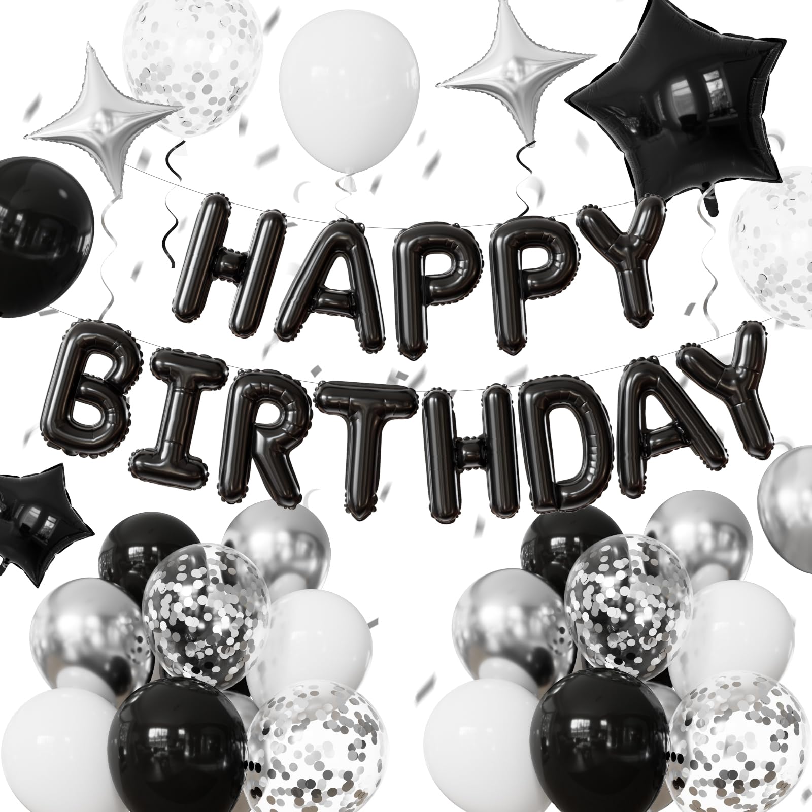 Adeyoo Black Happy Birthday Balloons - Happy Birthday Banner Balloons with Black White Silver Latex Confetti Balloon, Star Foil Balloon for Men Boys Birthdays Party Decorations, Photo Shoot Supplies